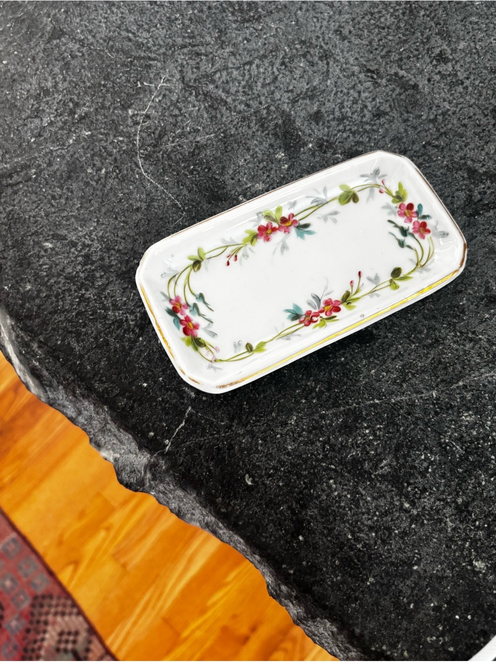 Porcelain Handpainted Floral Soap Dish - White, pink, green, with gold Trim